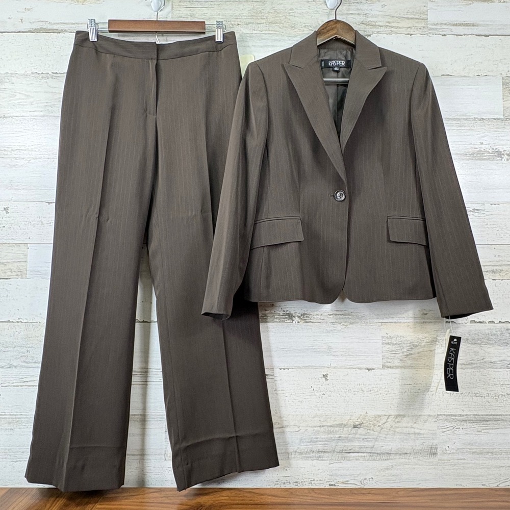 Kasper Pant Suit Women 8P Chocolate New Pinstripe 2PC Blazer Trousers Corpcore